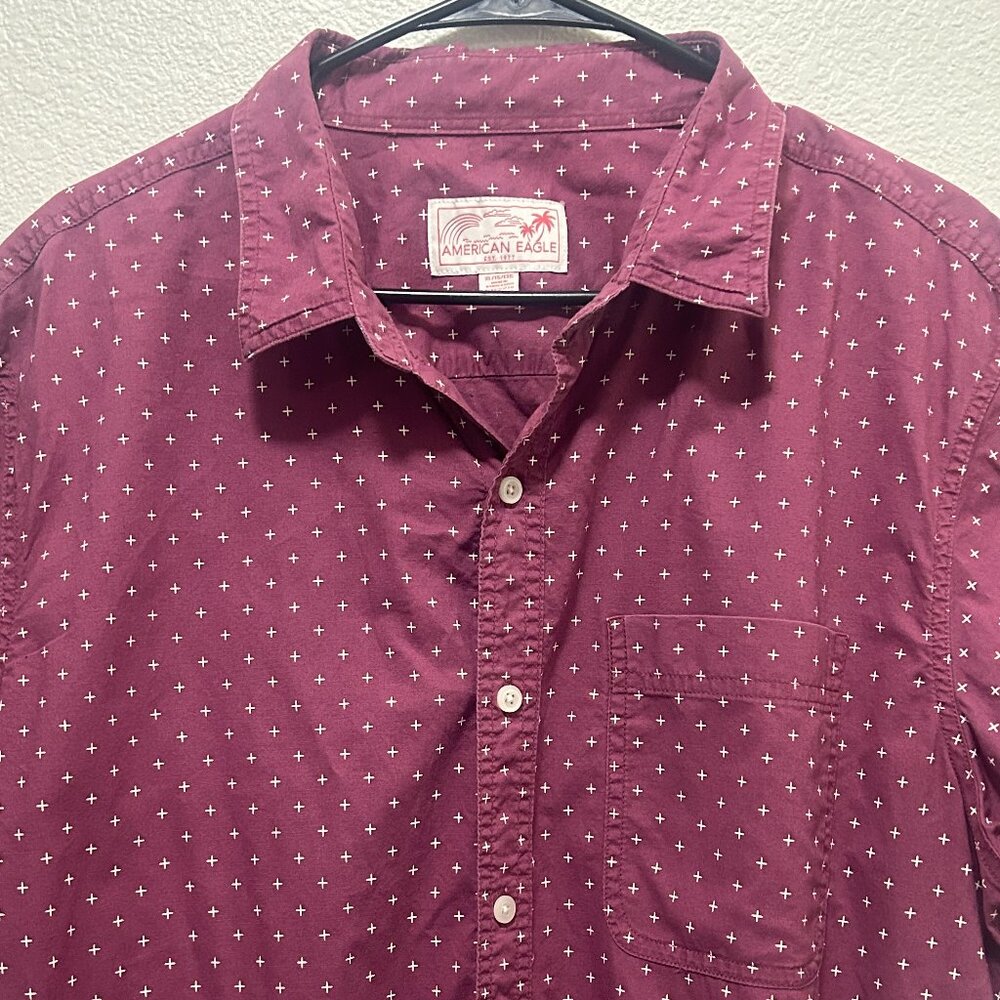 American Eagle maroon with white "X" pattern, button down, men's XL